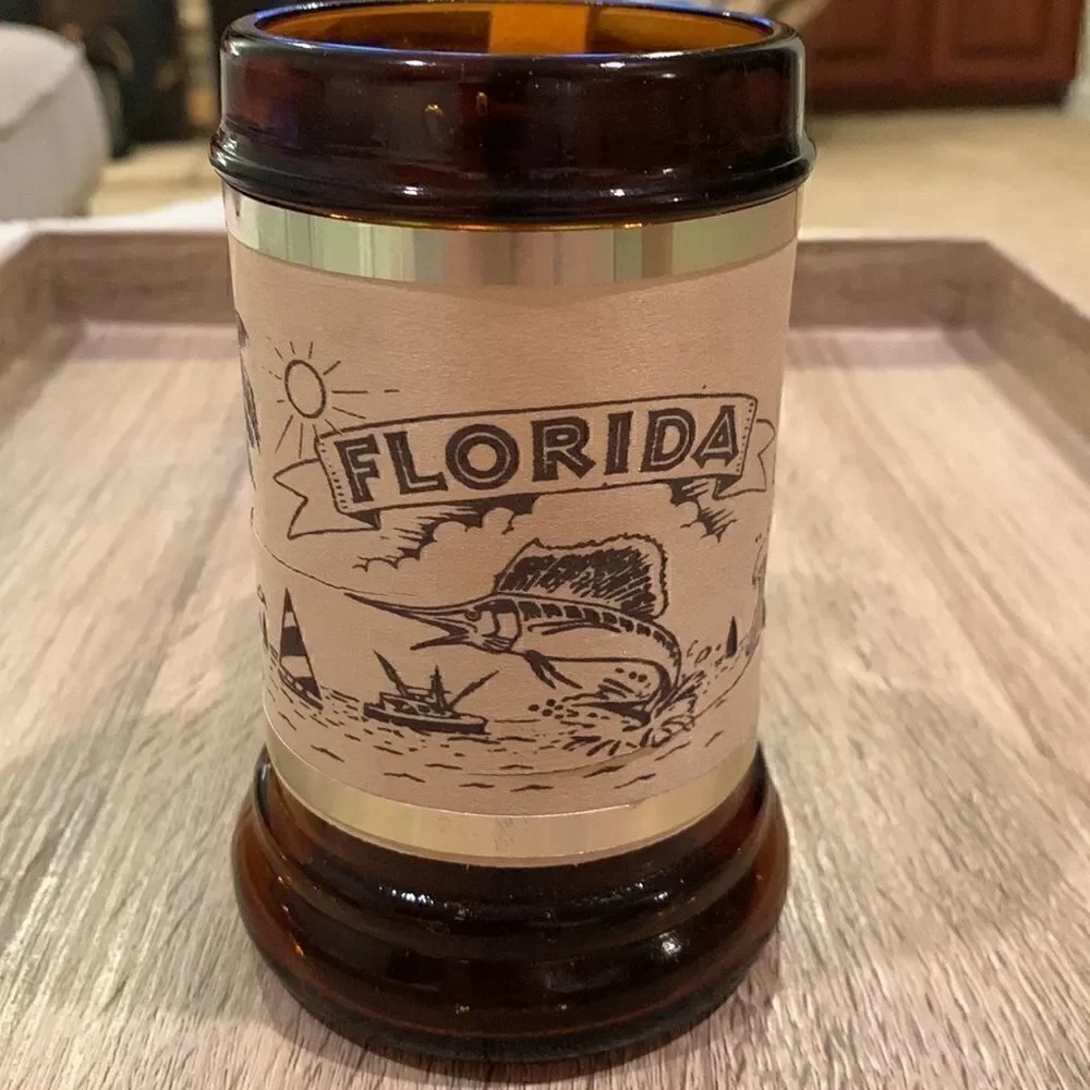 Vintage Florida Mug‎ Sun Destination Brown Amber Glass & Wood Beer Mug